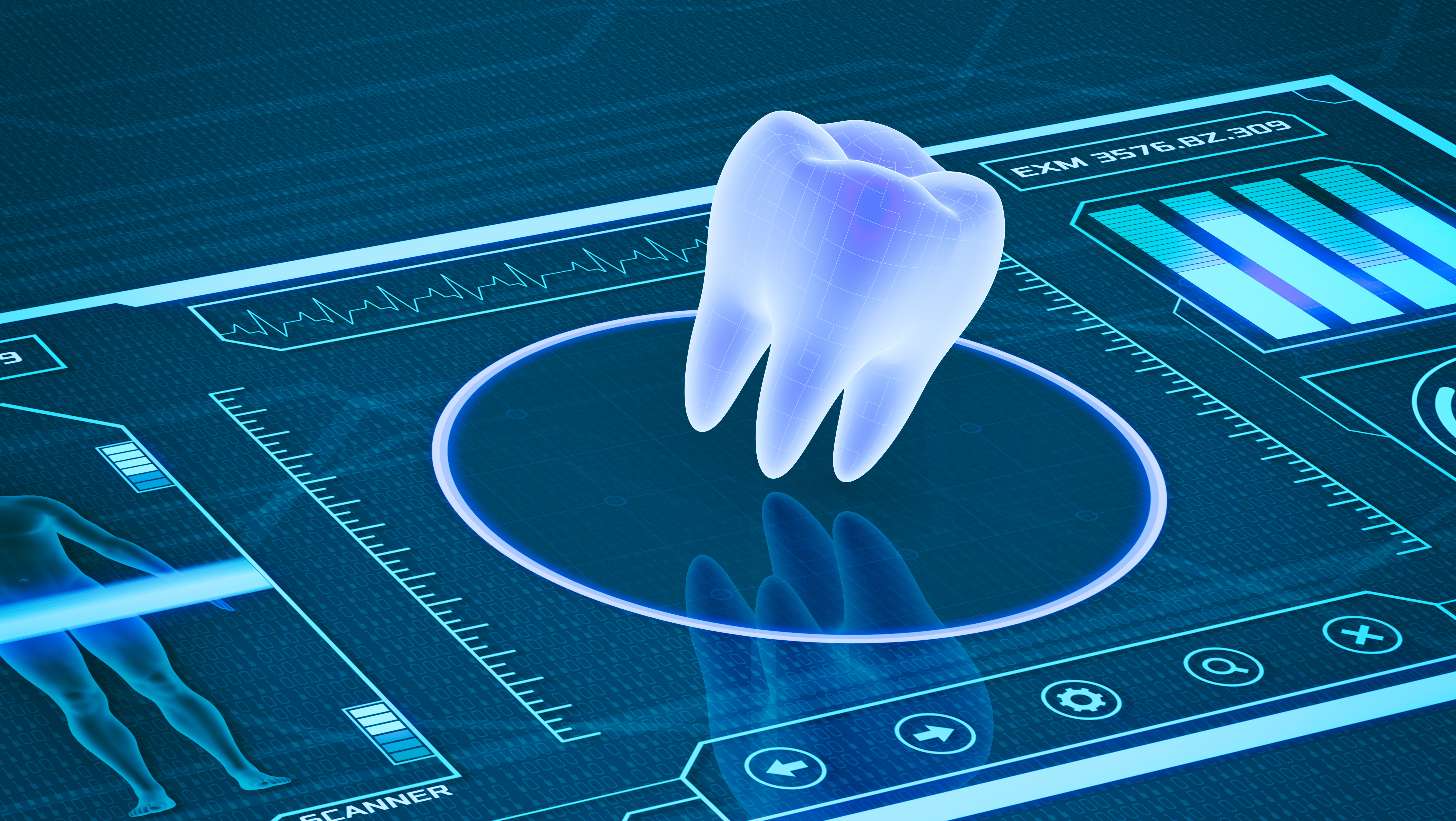 futuristic app interface for medical and scientific purpose - tooth scanner (3d render)